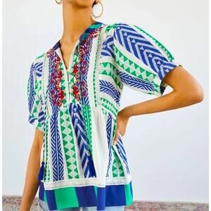 Anthropologie VERB Sz Small Sylvia Babydoll Top‎ Embroidered Green Cotton Blend